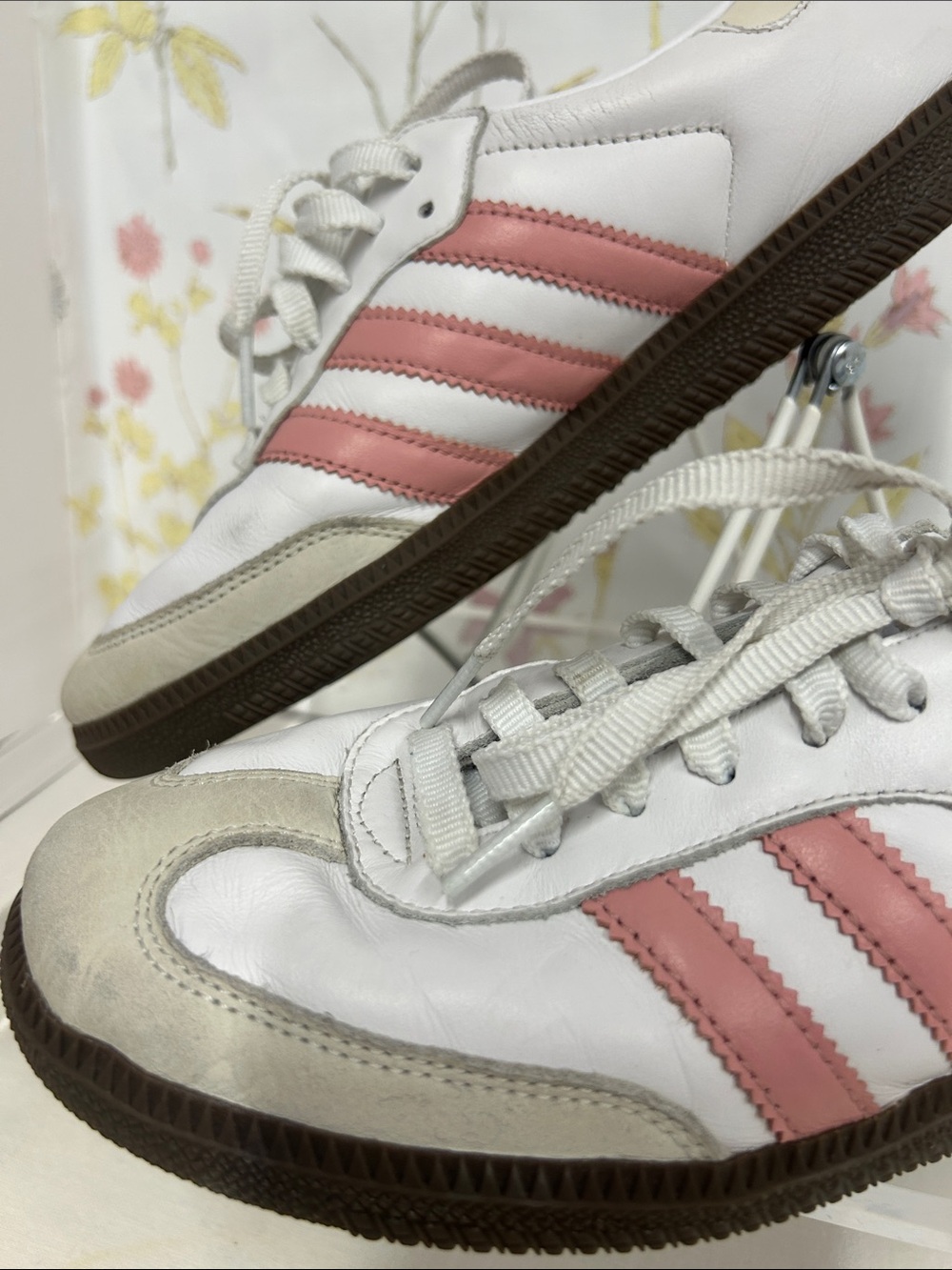 adidas Samba Sneakers - White with Pink Stripes and Brown Sole - Picture 3 of 14